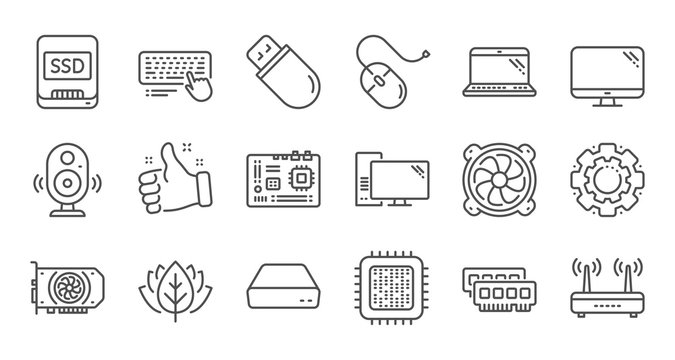 Computer device line icons. Motherboard, CPU and Laptop. SSD memory linear icon set. Quality line set. Vector