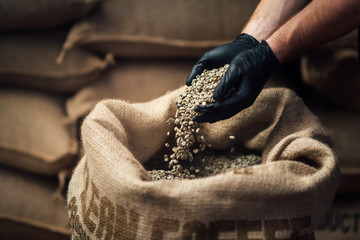 raw coffee pouring from a handful in a bag, against background of a warehouse, closeup side view