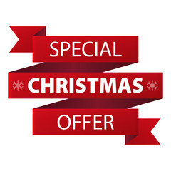 Special Christmas offer red ribbon banner icon isolated on white background. Vector illustration