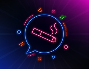 Smoking area line icon. Neon laser lights. Cigarette sign. Smokers zone symbol. Glow laser speech bubble. Neon lights chat bubble. Banner badge with smoking icon. Vector