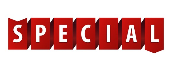 Text Special on red ribbon banner twisted icon isolated on white background