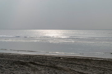 Obraz premium Cold seascape in winter on the North Sea. Northern seascape with gray sea, white sun flare and gray sky. 