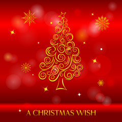 Fototapeta na wymiar Christmas text and creative flourish christmas tree vector illustration. Holiday xmas poster or postcard. Beautiful christmas red background.