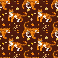 Fototapeta na wymiar Tigers. Vector hand drawn seamless pattern. Ornament with predators. Wild cats background.
