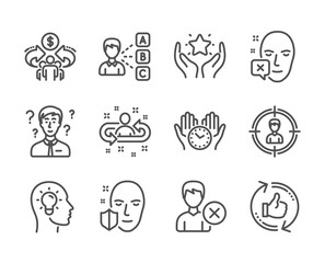 Set of People icons, such as Safe time, Sharing economy, Ranking, Face protection, Support consultant, Remove account, Headhunting, Recruitment, Face declined, Opinion, Refresh like. Vector