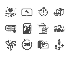 Set of Business icons, such as Block diagram, Computer keyboard, Accounting report, Shopping bags, 360 degrees, Report document, Cooking timer, Monitor repair, Packing boxes, Wind energy. Vector