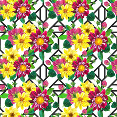 Blooming dahlias watercolor seamless pattern. Yellow, purple georgina on rhombus geometric background. Flowers blossom, buds and leaves with aquarelle texture. Floral wrapping paper, wallpaper design