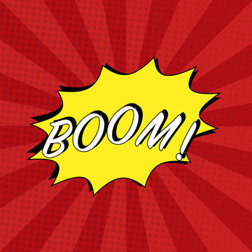 Lettering Boom, bomb. Comic text sound effects. Vector bubble icon speech phrase, cartoon exclusive font label tag expression, sounds illustration. Comics book balloon.