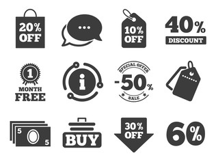 Shopping cart, buying and cash money signs. Discount offer tag, chat, info icon. Sale discounts icon. 40, 50 and 60 percent off. Special offer symbols. Classic style signs set. Vector