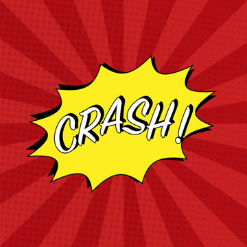 Crash comic cartoon in yellow colors with white cloud, halftone effects and rays. Explosion template. Pop-art style. Vector illustration eps10