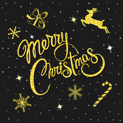 Merry Christmas hand drawn lettering vector illustration over beautiful holiday background.