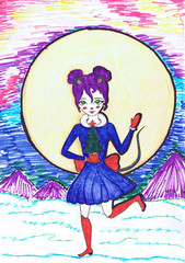 A girl in a masquerade mouse suit with a little Christmas tree in her hand. Children 's drawing