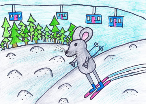 A grey mouse skis off the mountain. Children 's drawing