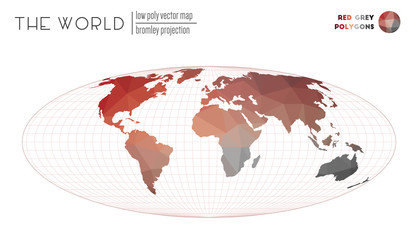 World map in polygonal style. Bromley projection of the world. Red Grey colored polygons. Contemporary vector illustration.