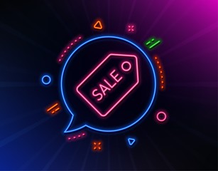 Shopping tag line icon. Neon laser lights. Sale Special offer sign. Coupon symbol. Glow laser speech bubble. Neon lights chat bubble. Banner badge with sale ticket icon. Vector