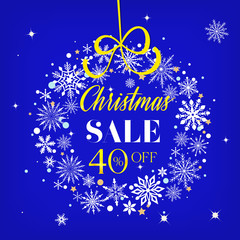 Fototapeta na wymiar Christmas sale 40% off sign text over beautiful snowflake winter wreath vector illustration.