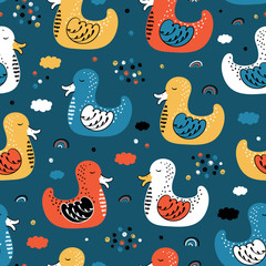 Seamless Pattern with Cute Ducks. Baby Background with Birds. Vector illustration 