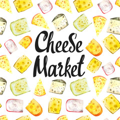 Seamless watercolor background with different noble cheeses: camembert, gouda, parmesan, blue, edammer, maasdam, brie, roquefort. Snack bar. Farm dairy products. Fresh organic food.