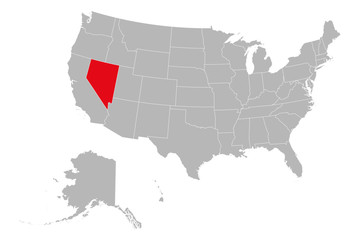 Nevada state marked red on USA political map vector illustration. Gray background