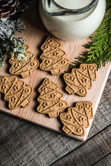 Fresh milk and Christmas cookies with Christmas decorations on a wooden table