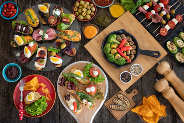 Tapas table with many kinds, Spanish pintxos