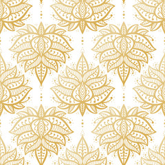 Fototapeta premium Ethnic Oriental Mehndi Lotus Flower Symbol Seamless Pattern. Golden Ornamental Floral Pattern Vector Background