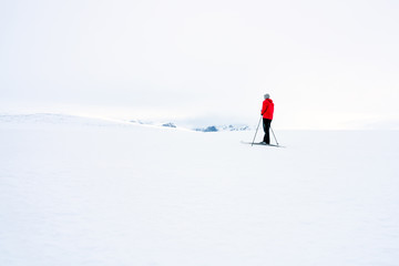 Fototapeta na wymiar Man in red jacket doing cross country skiing during foggy weather in the mountains of Norway, looking towards the beautiful mountain scenery landscape. Freedom, sports, active and outdoors concept.