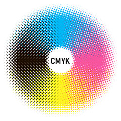 Abstract CMYK color mode structure in form of gradient with color halftone filter. Background for...