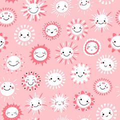 Vector Seamless Pattern with Cute Smiling Sun Kawaii Icons. Sky Pink Background for Kids Fashion, Nursery, Baby Shower Scandinavian Design