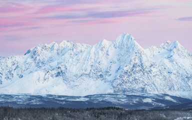 Fototapeta na wymiar Norway Nordic Landscape winter. Mountain Sunset colors. Pink sky