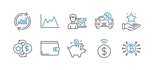 Set of Finance icons, such as Diagram, Update data, Loyalty program, Loyalty points, Contactless payment, Money wallet, Car leasing, Success business, Saving money, Bitcoin system. Vector