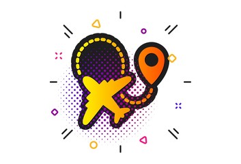 Plane flight transport sign. Halftone circles pattern. Airplane icon. Aircraft symbol. Classic flat airplane icon. Vector