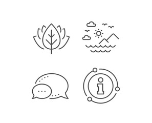 Travel sea mountains line icon. Chat bubble, info sign elements. Sun, clouds and waves sign. Summer holidays symbol. Linear sea mountains outline icon. Information bubble. Vector