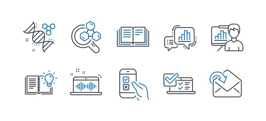 Set of Education icons, such as Music making, Chemistry dna, Chemistry lab, Education, Graph chart, Mobile survey, Presentation board, Product knowledge, Online survey, Receive mail. Vector