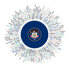 Utah sign. US state flag with colorful rays. Radiant sunburst with Utah flag. Vector illustration.