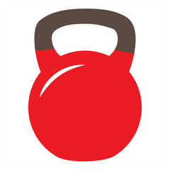 Red kettlebell icon on a white gradient background, flat design style. 