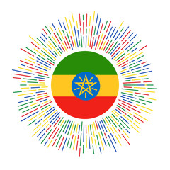 Ethiopia sign. Country flag with colorful rays. Radiant sunburst with Ethiopia flag. Vector illustration.