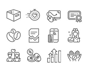 Set of Business icons, such as Computer mouse, Currency exchange, Contactless payment, Nurse, Coffee, Coffee beans, Office box, Certificate, Timer, Couple love, Analysis graph line icons. Vector