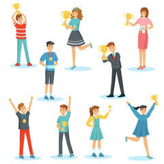 Set of people winners happy with victory vector illustration