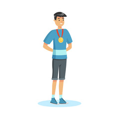 Smiling boy winner wearing gold medal vector illustration