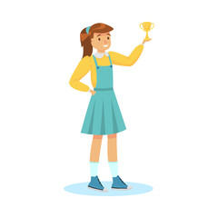 Happy girl winner holding first prize cup vector illustration