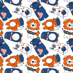 Sweet bath time animals seamless pattern. Bright simple leon, penguin, hare, bear and fox on white background. Cartoon kawaii characters endless illustration.