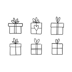 Christmas gift box doodle. Hand drawn present with ribbon illustration. Merry Xmas decorative element.