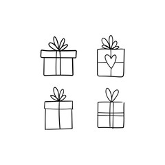 Christmas gift box doodle. Hand drawn present with ribbon illustration. Merry Xmas decorative element.