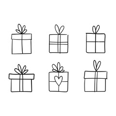 Christmas gift box doodle. Hand drawn present with ribbon illustration. Merry Xmas decorative element.