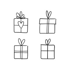 Christmas gift box doodle. Hand drawn present with ribbon illustration. Merry Xmas decorative element.