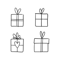 Christmas gift box doodle. Hand drawn present with ribbon illustration. Merry Xmas decorative element.