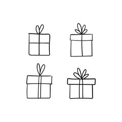 Christmas gift box doodle. Hand drawn present with ribbon illustration. Merry Xmas decorative element.