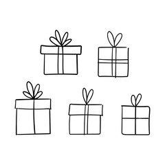Christmas gift box doodle. Hand drawn present with ribbon illustration. Merry Xmas decorative element.