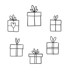 Christmas gift box doodle. Hand drawn present with ribbon illustration. Merry Xmas decorative element.